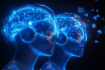 Poster - Social cognition Reactive Blue neon lit profile silhouettes facing each other with visible brain structures representing clear communication and neural synchronization in a futuristic style