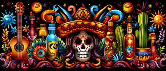 A colorful poster with a skull and a sombrero on it