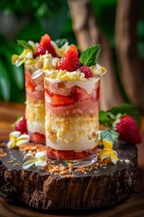 Two Glasses of Layered Strawberry Dessert with Whipped Cream Topped with Mint and Flowers