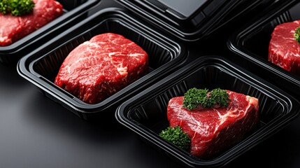 Wall Mural - Black plastic meat trays, clear lids, branding label area, marbled beef inside, flat lay