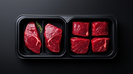 Wall Mural - Black plastic meat trays, clear lids, branding label area, marbled beef inside, flat lay