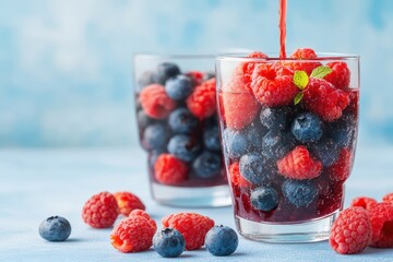 Fresh raspberries and blueberries in clear glasses, vibrant and delicious, perfect for summer desserts or healthy snacks.