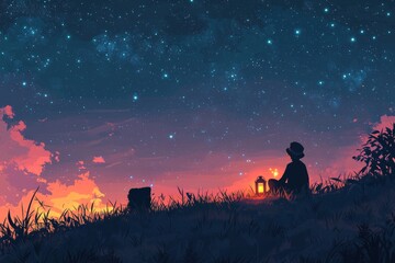 Wall Mural - Relaxing on a hilltop under a starry sky with the glow of a lantern beside you. Cozy vibe, Generative AI 