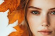 © MUdaylah - Autumn fall woman banner with copy space. beautiful face portrait. natural beauty. fall season fashion. girl enjoy weather with autumn leave with generative ai
