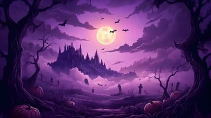 Haunted Graveyard with Full Moon and Gothic Castle, Ideal for Halloween Dark Theme Wallpaper