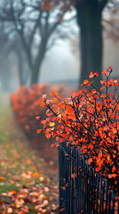 Wall Mural - Autumn leaves on a black fence with a blurry background of trees and a foggy landscape.