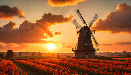 Poster - Moulin à Vent au Coucher du Soleil sur un Champ de Fleurs