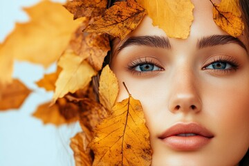 Autumn fall woman banner with copy space. beautiful face portrait. natural beauty. fall season fashion. girl enjoy weather with autumn leave with generative ai