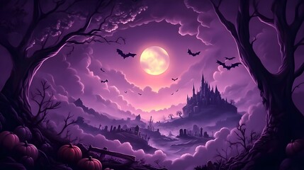 Haunted Graveyard with Full Moon and Gothic Castle, Ideal for Halloween Dark Theme Wallpaper