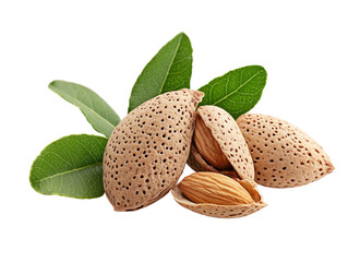 Almonds with shells and green leaves on a white background. PNG transparent.