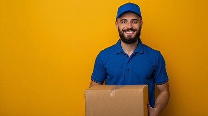 Handsome Courier in Blue Uniform Smiling While Carrying Cardboard Box on Solid Yellow Background