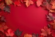 © MUdaylah - Autumn frame border of maple leaves on red background. Happy Thanksgiving Day, Halloween, Harvest concept with generative ai