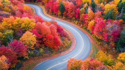 A winding road through vibrant autumn foliage, showcasing the beauty of seasonal change in nature.