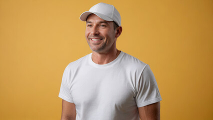 Wall Mural - Man wearing white t-shirt and white baseball cap isolated on yellow background