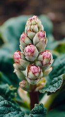 Canvas Print - Close-up of a cluster of pink flower buds emerging from a green plant.