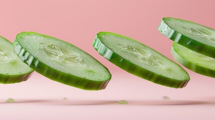 Wall Mural - Levitating a cucumber sliced separated pastel background