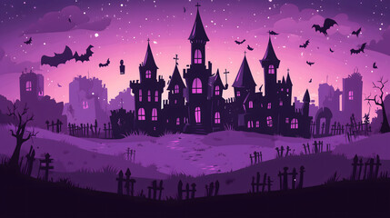 Wall Mural - Ilustración en tonos morados de un castillo embrujado con murciélagos en una noche de Halloween