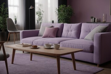 Wall Mural - A living room with a purple couch and a wooden coffee table