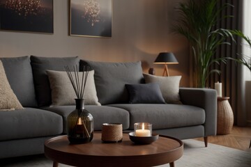 Wall Mural - A living room with a large grey couch and a coffee table with candles and vases