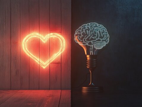 glowing heart symbol on one side and a lamp with a brain shaped light bulb on the other