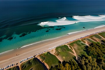 Wall Mural - View from flying drone. Stunning spring view of La Cinta beach. Splendid morning scene of Sardinia island, Italy, Europe. Aerial Mediterranean seascape. Beauty of nature concept Generative AI