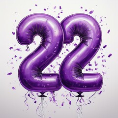 Purple birthday / anniversary balloon, number 22, white background with confetti