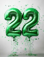 Green birthday / anniversary balloon, number 22, white background with confetti