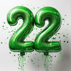 Green birthday / anniversary balloon, number 22, white background with confetti