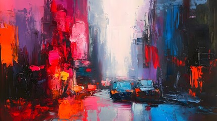 Wall Mural - Abstract Oil Painting of Cityscape with Cars