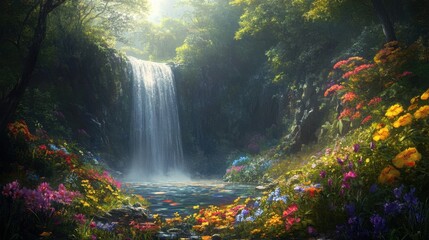 Wall Mural - A mystical scene of a waterfall in the heart of a dense forest, with colorful flowers dotting the landscape, exuding an enchanting atmosphere.