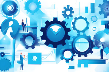 Poster - A businessman stands in front of a large gear, interacting with data on a laptop, representing the concept of automation and innovation, CRM Creative Illustration using Technological Gears
