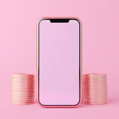 Poster - A modern smartphone displayed against a vibrant pink background, surrounded by stacks of shiny coins, symbolizing technology and finance.