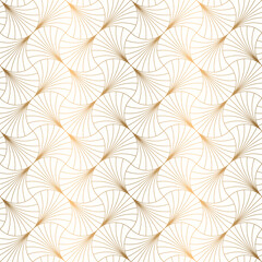 Wall Mural - luxurious art deco overlapping fan shape seamless pattern with gold line on white background, vector
