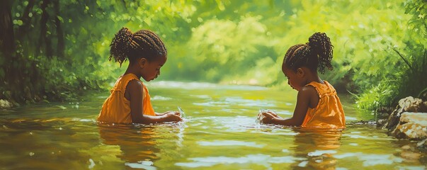 Craft a vivid scene of two black girls at a river, positioned opposite each other, each gathering water from the river