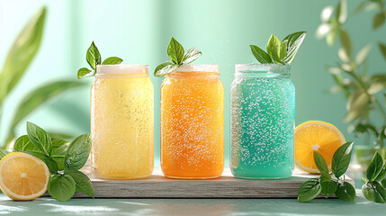 Colorful sparkling drinks in jars with fresh mint and citrus, perfect for a refreshing summer treat or party.