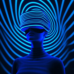 Wall Mural - Futuristic figure wearing a sleek VR headset, illuminated by vibrant blue light patterns, showcasing modern technology and design.