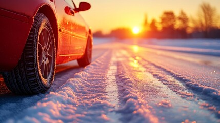 Wall Mural - Red car driving on a snowy road during a beautiful winter sunset. Selective focus on the tire.