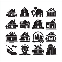 House symbol. Set of real estate objects and houses silhouette on white background
