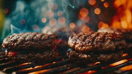 Close-up of juicy burgers on a grill with fire