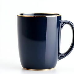 Blue ceramic mug with gold rim.