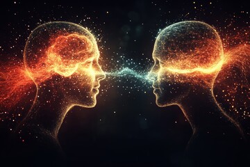 cognitive function synthesizing fiery neural connection between two heads symbolizing the intense ex