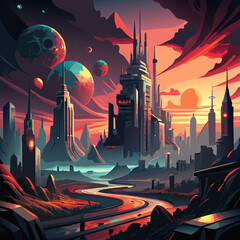 A futuristic cityscape with a post apocalyptic and dark tone.