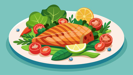 Grilled salmon fish fillet and fresh green leafy vegetable salad with tomatoes, red onion and broccoli