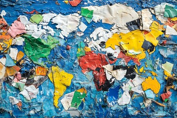 Wall Mural - Abstract World Map Art: Peeling Paint, Colorful Textures, and Blue Background