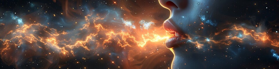 Wall Mural - panoramic banner; woman is exhaling streams of energy that are flowing through space, creating a bea