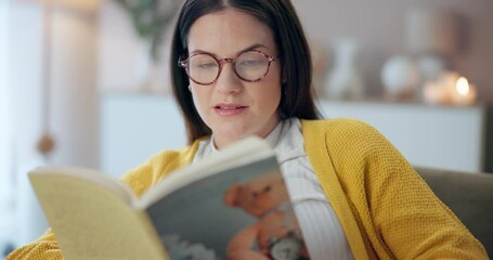 Poster - Reading, glasses and woman in living room, relax and reader of fantasy in apartment, break and book. Home, hands and person with peace in weekend, couch and girl learning with story of novel in house