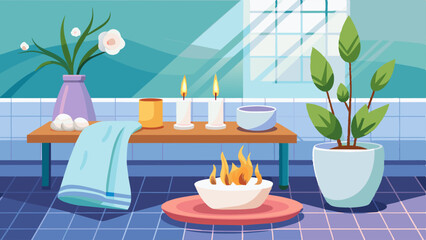 Blank white table top for copy space 3d render decorated with glass candle holders with flames. cotton towel and a potted plant with a blurry bathroom background.