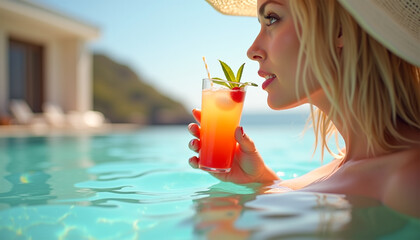 Wall Mural - Luxury lifestyle, woman drinking cocktail in luxurious beach hotel, background with copyspace