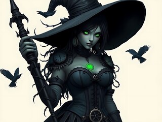 Steampunk Witch with Green Eyes and Crows