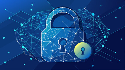 Sticker - Padlock and Key. Cyber security. Polygonal wireframe mesh lines and triangles, point connecting network on blue background. Illustration vector